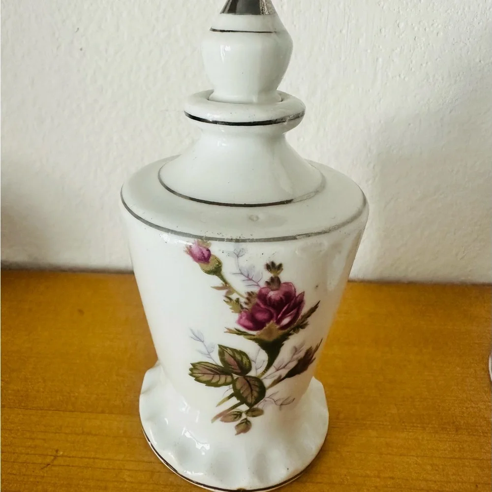 Vintage Floral Porcelain Vanity Jars - White with Pink Rose Motif